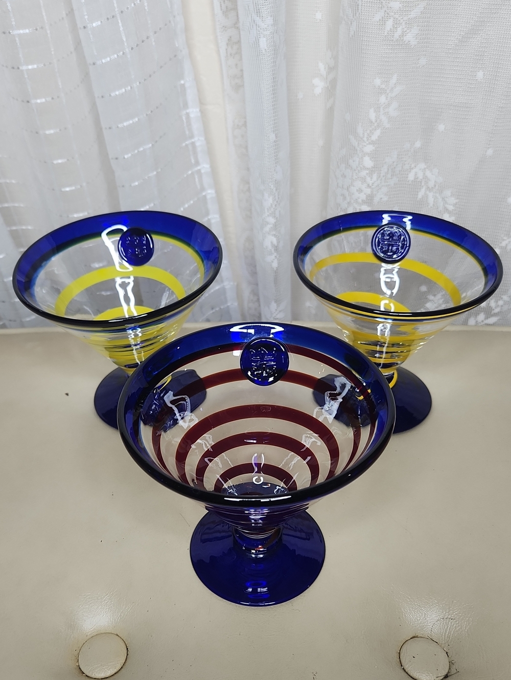 3 PC Royal Caribbean Exclusive Cobalt Blue Yellow & Red Swirl Cocktail Glasses